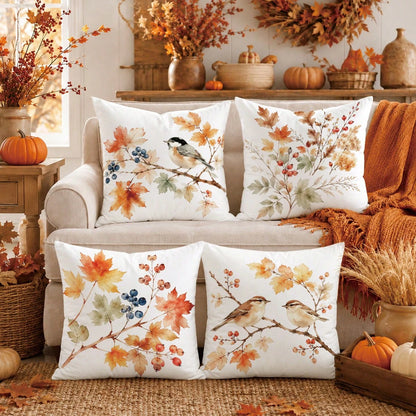 4pcs Minimalist Autumn Plant Berry Bird Pattern Cushion Covers, Single-Sided Printed Skin-Friendly Peach Skin Velvet Material, 45*45CM Throw Pillow Covers Suitable For Room Decor, Indoor Sofa Living R