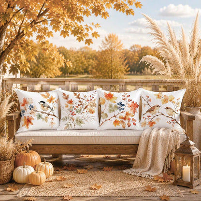 4pcs Minimalist Autumn Plant Berry Bird Pattern Cushion Covers, Single-Sided Printed Skin-Friendly Peach Skin Velvet Material, 45*45CM Throw Pillow Covers Suitable For Room Decor, Indoor Sofa Living R