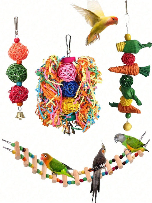 4pcs Parrot Bird Toy Set, Foraging Bird Toys, Bird Cage Training Toys, Colorful Chewing Hanging Bell, Hamster Climbing Ladder Swing Toys, Suitable For Macaws, Cockatoos, Lovebirds, Budgies, Random Col