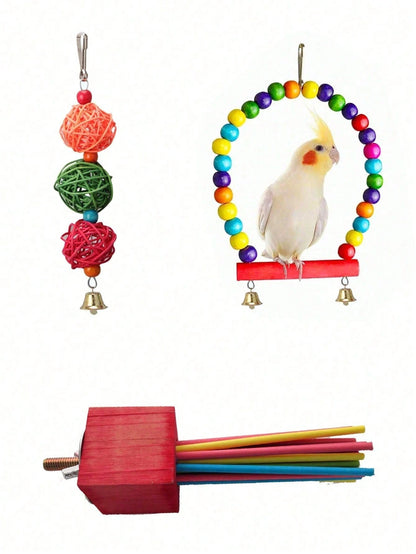 4pcs Parrot Bird Toy Set, Foraging Bird Toys, Bird Cage Training Toys, Colorful Chewing Hanging Bell, Hamster Climbing Ladder Swing Toys, Suitable For Macaws, Cockatoos, Lovebirds, Budgies, Random Col