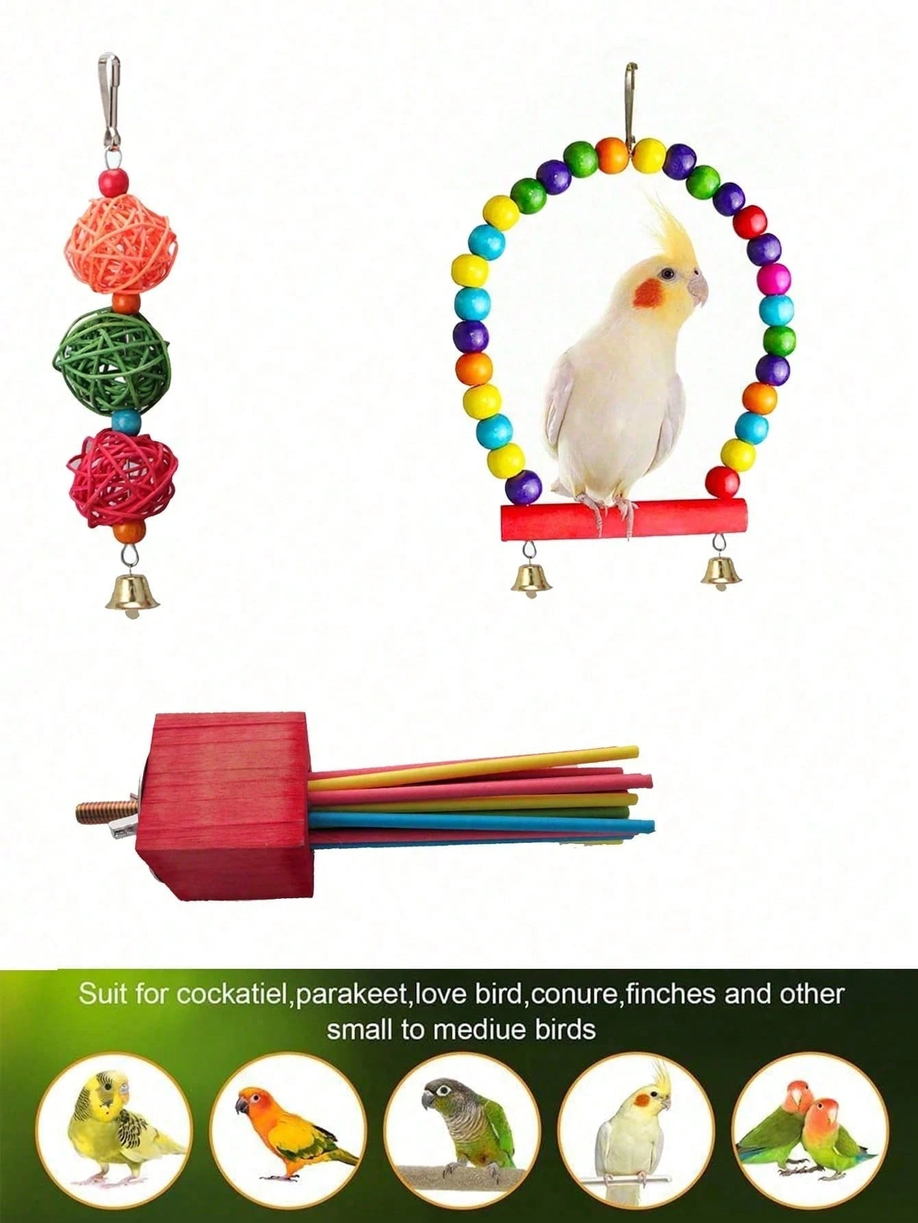 4pcs Parrot Bird Toy Set, Foraging Bird Toys, Bird Cage Training Toys, Colorful Chewing Hanging Bell, Hamster Climbing Ladder Swing Toys, Suitable For Macaws, Cockatoos, Lovebirds, Budgies, Random Col