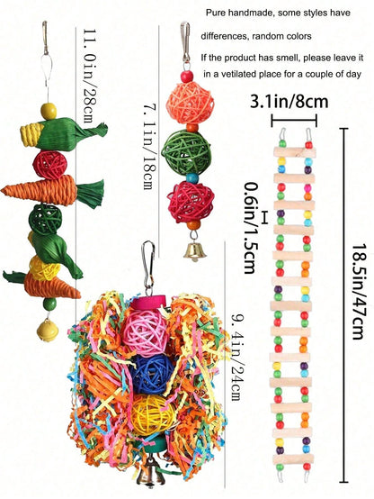 4pcs Parrot Bird Toy Set, Foraging Bird Toys, Bird Cage Training Toys, Colorful Chewing Hanging Bell, Hamster Climbing Ladder Swing Toys, Suitable For Macaws, Cockatoos, Lovebirds, Budgies, Random Col