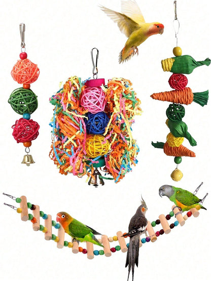 4pcs Parrot Bird Toy Set, Foraging Bird Toys, Bird Cage Training Toys, Colorful Chewing Hanging Bell, Hamster Climbing Ladder Swing Toys, Suitable For Macaws, Cockatoos, Lovebirds, Budgies, Random Col