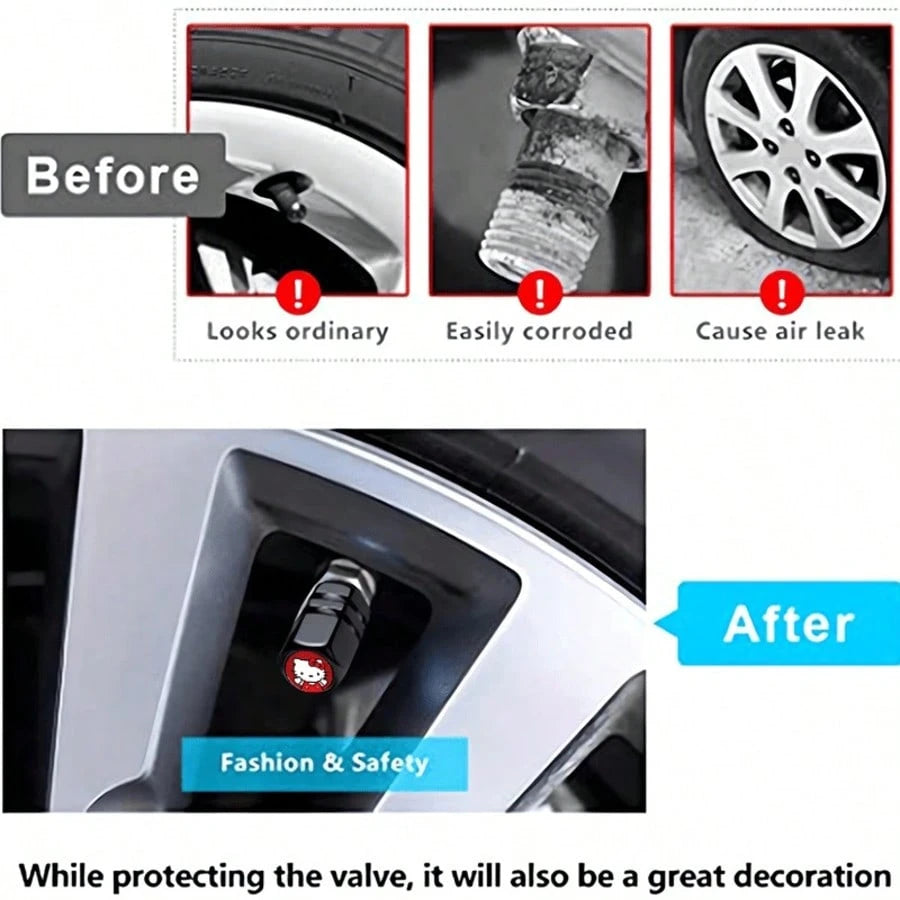4pcs Sanrio Hello Kitty Tire Valve Stem Caps, Leak-Proof Stainless Steel Metal Caps, Suitable For Cars, Motorcycles And Bicycles, Dust-Proof Valve Stem Caps, Durable And Lightweight Wheel Accessories