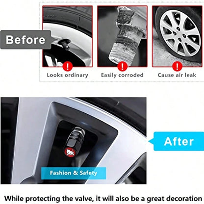 4pcs Sanrio Hello Kitty Tire Valve Stem Caps, Leak-Proof Stainless Steel Metal Caps, Suitable For Cars, Motorcycles And Bicycles, Dust-Proof Valve Stem Caps, Durable And Lightweight Wheel Accessories