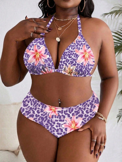 4pcs/Set Plus Size Random Print Halter Neck Split Swimsuit Set For Summer Beach Vacation