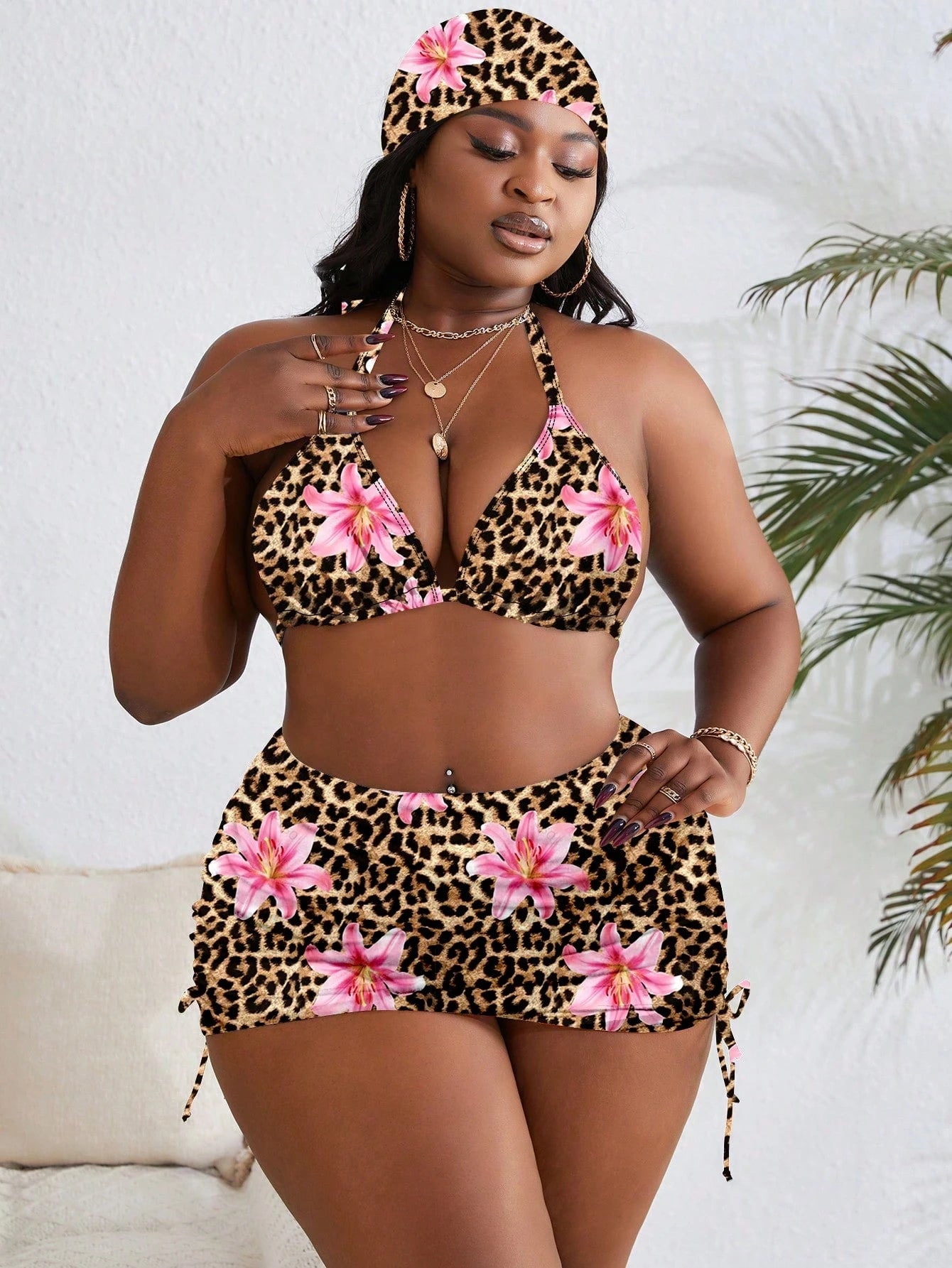 4pcs/Set Plus Size Random Print Halter Neck Split Swimsuit Set For Summer Beach Vacation