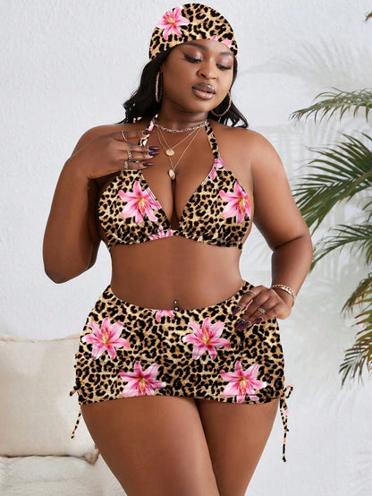 4pcs/Set Plus Size Random Print Halter Neck Split Swimsuit Set For Summer Beach Vacation