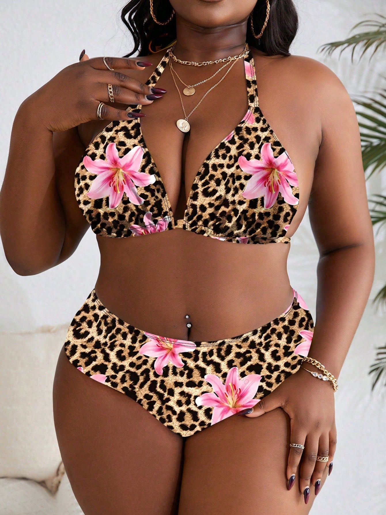 4pcs/Set Plus Size Random Print Halter Neck Split Swimsuit Set For Summer Beach Vacation