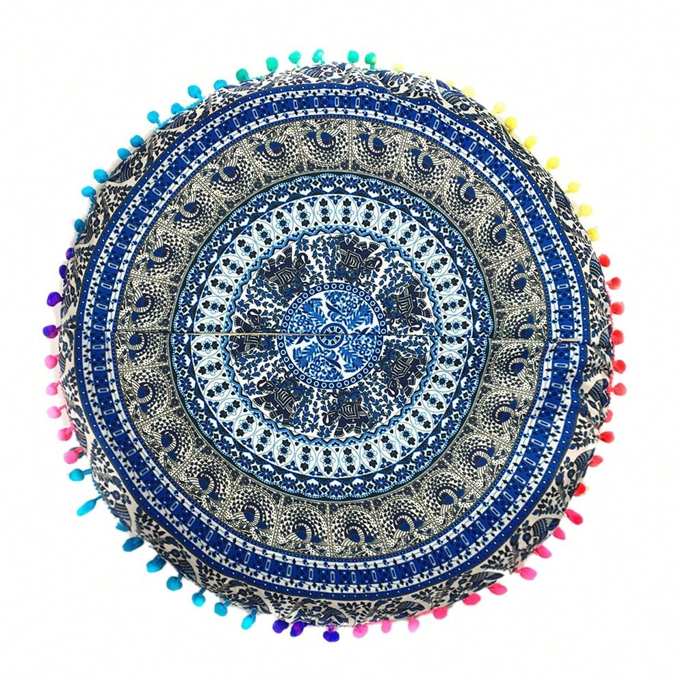 4PCS/SETS, [Round Colorful Meditation Cushion Cover] Mandala Floor Pillow Cover Meditation Cushion Seating Throw Hippie Round Colorful Decorative Bohemian Pouf Ottoman Handmade Cover