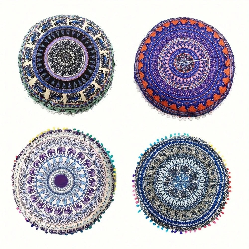 4PCS/SETS, [Round Colorful Meditation Cushion Cover] Mandala Floor Pillow Cover Meditation Cushion Seating Throw Hippie Round Colorful Decorative Bohemian Pouf Ottoman Handmade Cover