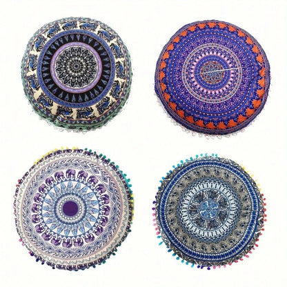 4PCS/SETS, [Round Colorful Meditation Cushion Cover] Mandala Floor Pillow Cover Meditation Cushion Seating Throw Hippie Round Colorful Decorative Bohemian Pouf Ottoman Handmade Cover