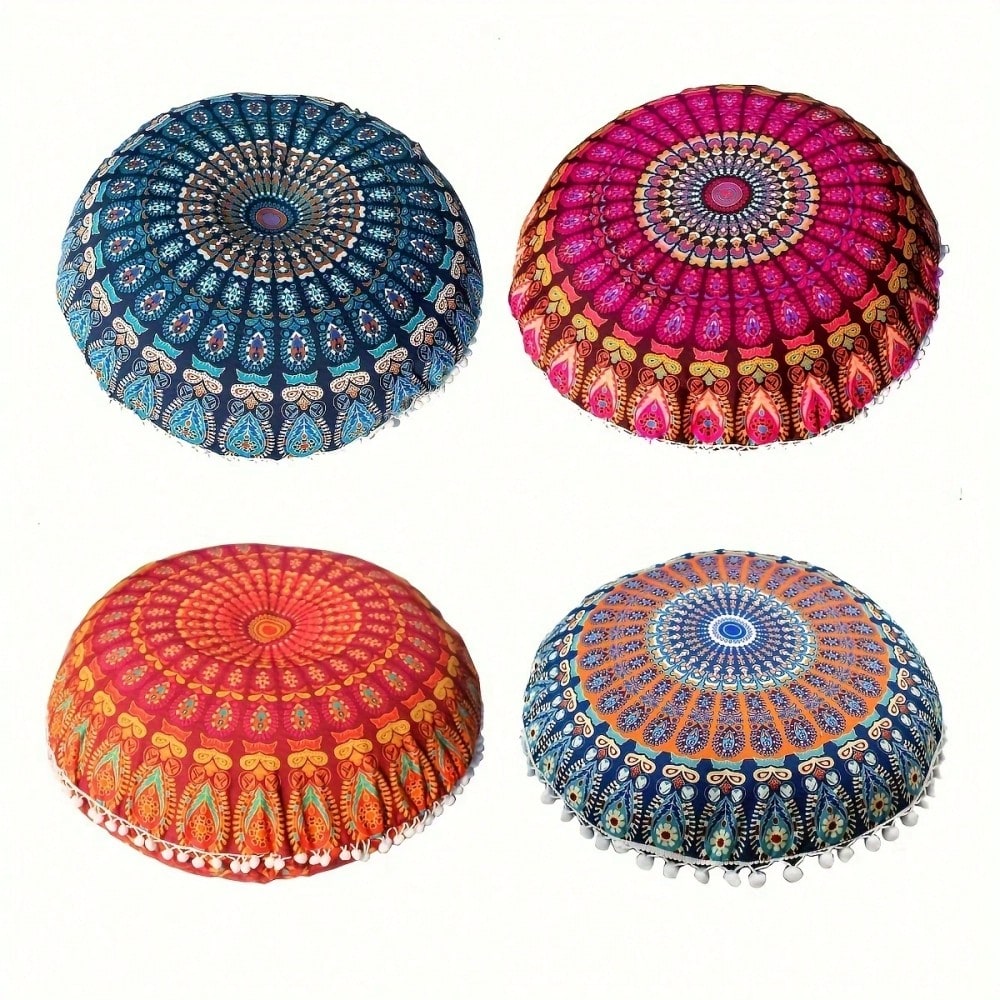 4PCS/SETS, [Round Colorful Meditation Cushion Cover] Mandala Floor Pillow Cover Meditation Cushion Seating Throw Hippie Round Colorful Decorative Bohemian Pouf Ottoman Handmade Cover