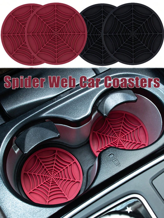 4PCS-Spider Web Car Coasters For Cup Holders, Halloween Funny Non-Slip Silicone Insert Ornaments Coasters, Automotive Cupholder Goth Accessories For Men & Women