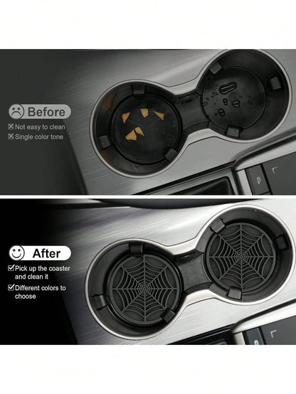 4PCS-Spider Web Car Coasters For Cup Holders, Halloween Funny Non-Slip Silicone Insert Ornaments Coasters, Automotive Cupholder Goth Accessories For Men & Women