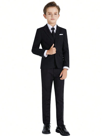 4pcs Tween Boy Suit Set- Jacket, Pants, Tie And Bow Tie