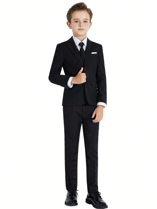 4pcs Tween Boy Suit Set- Jacket, Pants, Tie And Bow Tie