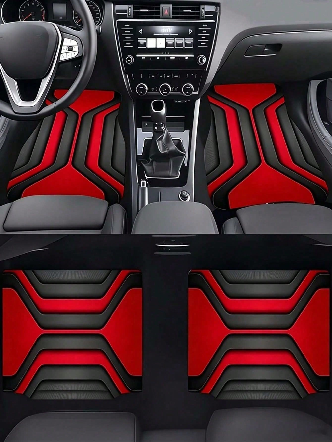 4pcs Universal Car Floor Mat Set- Red & Black Abstract Geometric 2D Print Car Mats, Anti-Slip All-Weather Front & Rear Foot Pads, Fashionable Car Interior Decor Suitable For Sedan, SUV, Truck, Van