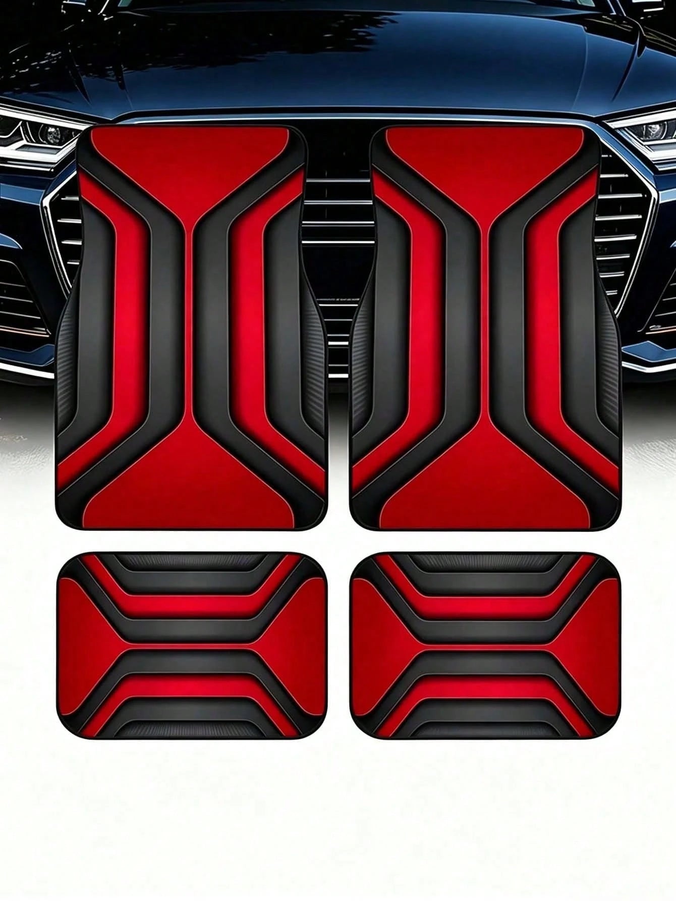 4pcs Universal Car Floor Mat Set- Red & Black Abstract Geometric 2D Print Car Mats, Anti-Slip All-Weather Front & Rear Foot Pads, Fashionable Car Interior Decor Suitable For Sedan, SUV, Truck, Van