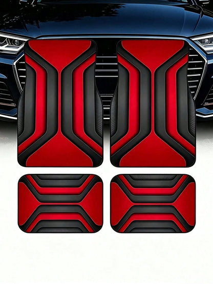 4pcs Universal Car Floor Mat Set- Red & Black Abstract Geometric 2D Print Car Mats, Anti-Slip All-Weather Front & Rear Foot Pads, Fashionable Car Interior Decor Suitable For Sedan, SUV, Truck, Van