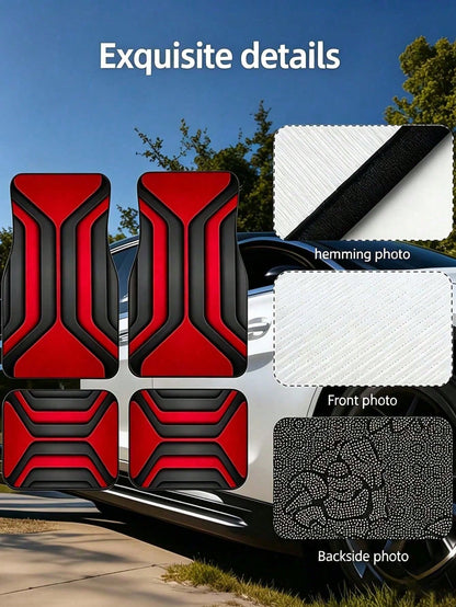 4pcs Universal Car Floor Mat Set- Red & Black Abstract Geometric 2D Print Car Mats, Anti-Slip All-Weather Front & Rear Foot Pads, Fashionable Car Interior Decor Suitable For Sedan, SUV, Truck, Van