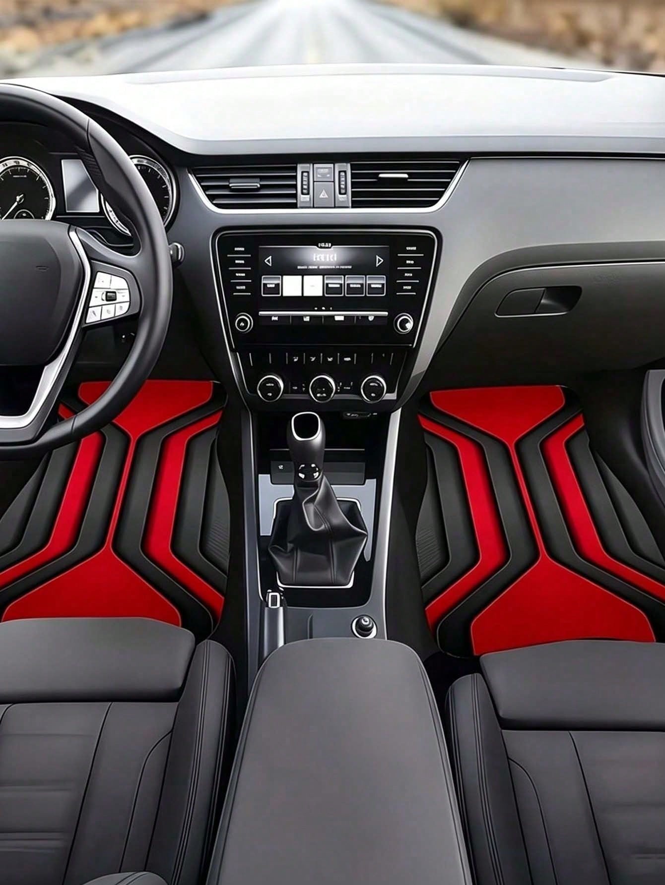 4pcs Universal Car Floor Mat Set- Red & Black Abstract Geometric 2D Print Car Mats, Anti-Slip All-Weather Front & Rear Foot Pads, Fashionable Car Interior Decor Suitable For Sedan, SUV, Truck, Van