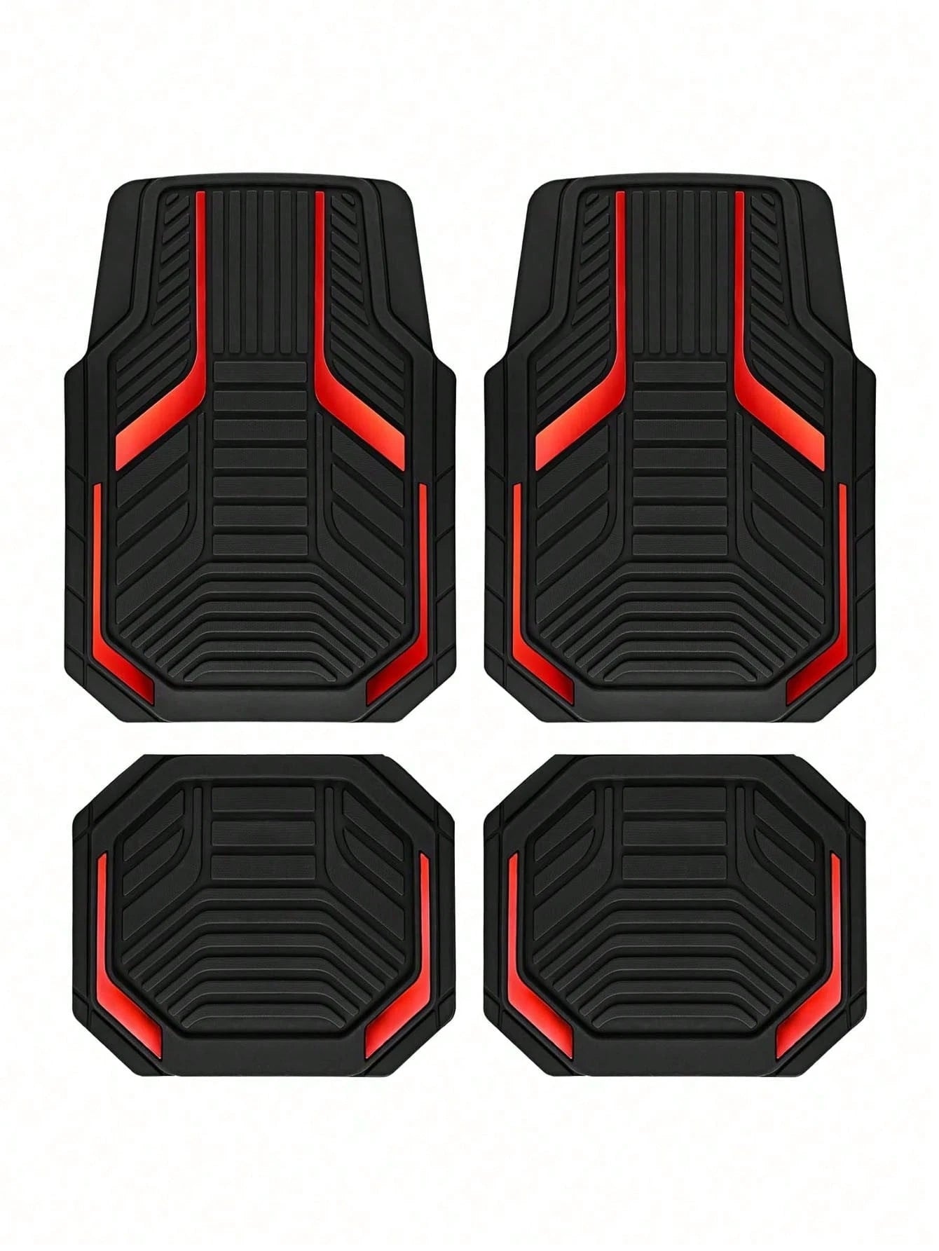 4pcs Universal Car Floor Mats Set- Red & Black Abstract Geometric 2D Print Car Interior Liners, Non-Slip All-Weather Front & Rear Floor Mats, Fashionable Interior Accessories For Sedan, SUV, Truck, V