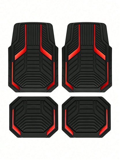4pcs Universal Car Floor Mats Set- Red & Black Abstract Geometric 2D Print Car Interior Liners, Non-Slip All-Weather Front & Rear Floor Mats, Fashionable Interior Accessories For Sedan, SUV, Truck, V
