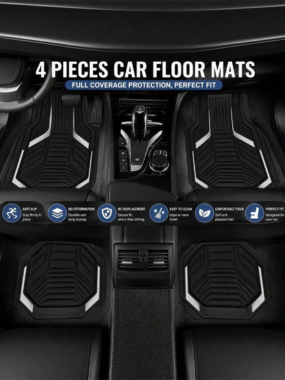 4pcs Universal Car Floor Mats Set- Red & Black Abstract Geometric 2D Print Car Interior Liners, Non-Slip All-Weather Front & Rear Floor Mats, Fashionable Interior Accessories For Sedan, SUV, Truck, V