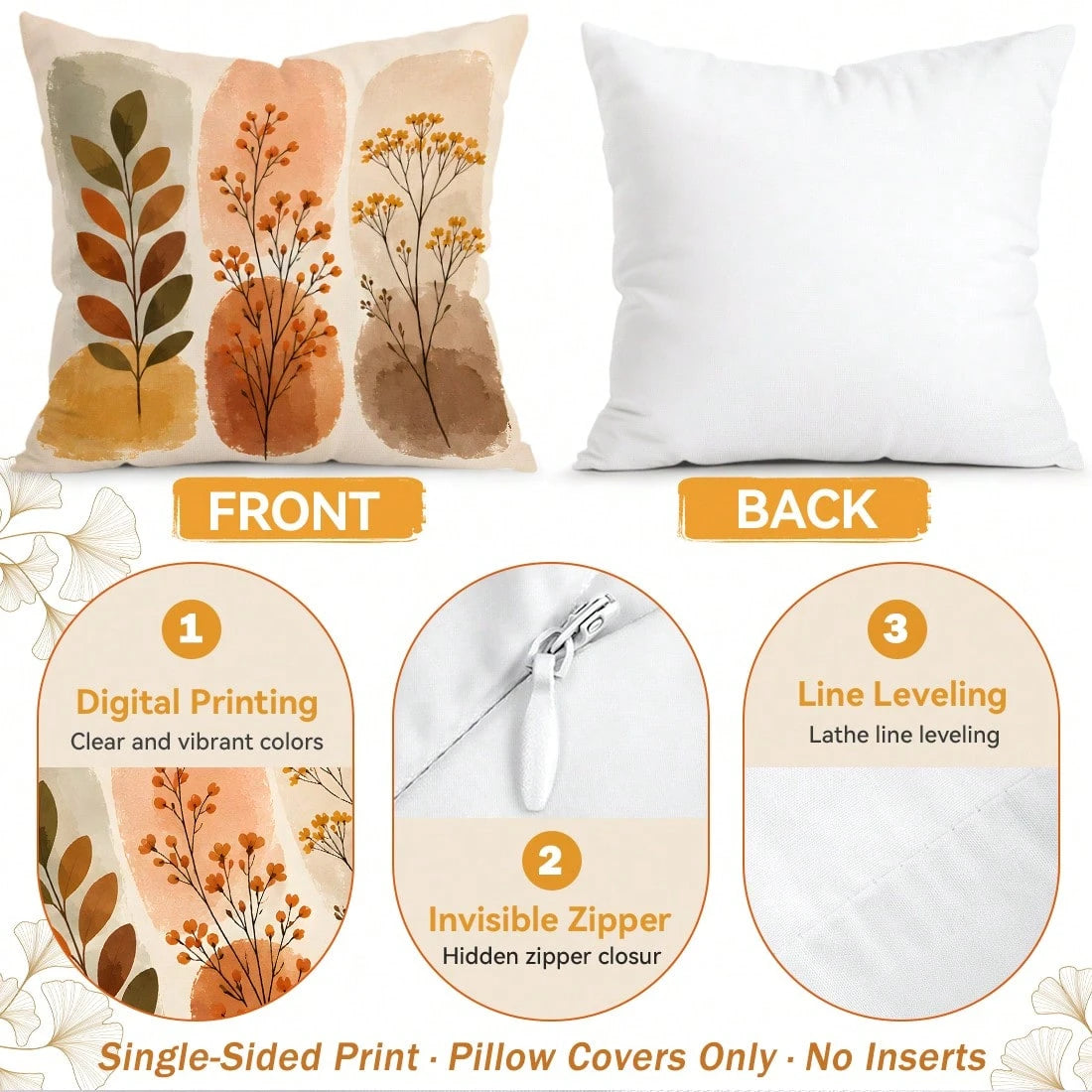 4pcs Warm Autumn Abstract Branch & Leaf Pattern Pillow Covers, Single-Sided Printed Pillow Covers, Suitable For Living Room, Bedroom, Home Decor, All-Season Pillow Covers