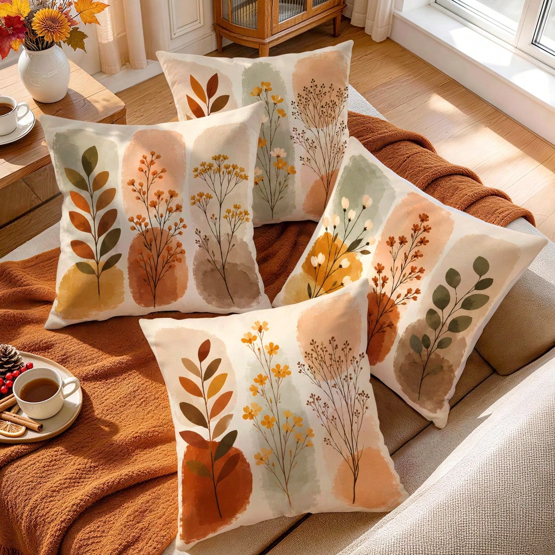 4pcs Warm Autumn Abstract Branch & Leaf Pattern Pillow Covers, Single-Sided Printed Pillow Covers, Suitable For Living Room, Bedroom, Home Decor, All-Season Pillow Covers