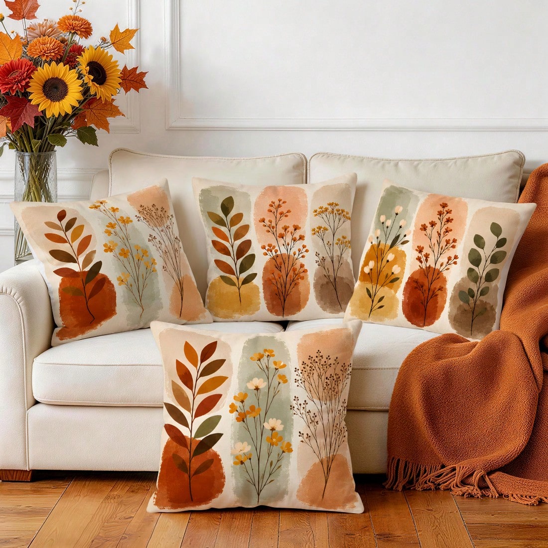 4pcs Warm Autumn Abstract Branch & Leaf Pattern Pillow Covers, Single-Sided Printed Pillow Covers, Suitable For Living Room, Bedroom, Home Decor, All-Season Pillow Covers