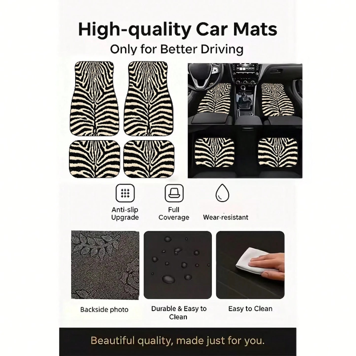 4pcs, Zebra Fur Pattern Printed Car Floor Mats, Full Coverage Car Floor Mats, Universal Model For All Seasons, Suitable For SUV Car Interiors, Car Floor Mats