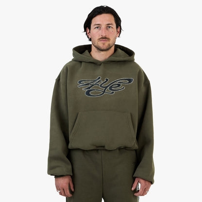4YE Signature Rhinestone Hoodie / Olive Green