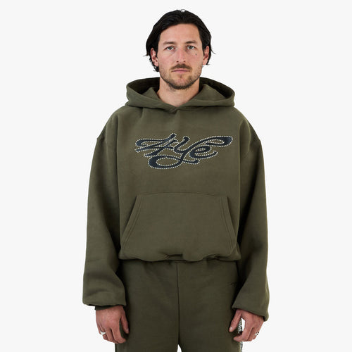 4YE Signature Rhinestone Hoodie / Olive Green
