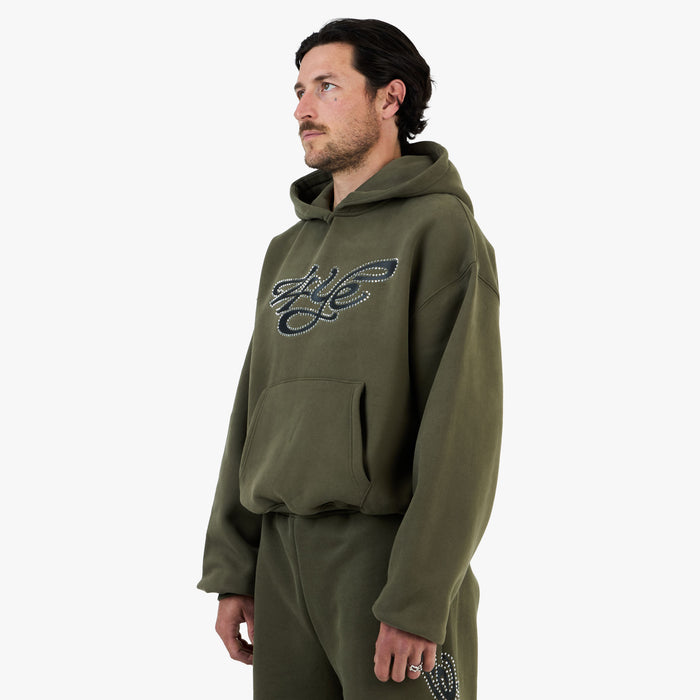 4YE Signature Rhinestone Hoodie / Olive Green