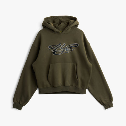 4YE Signature Rhinestone Hoodie / Olive Green