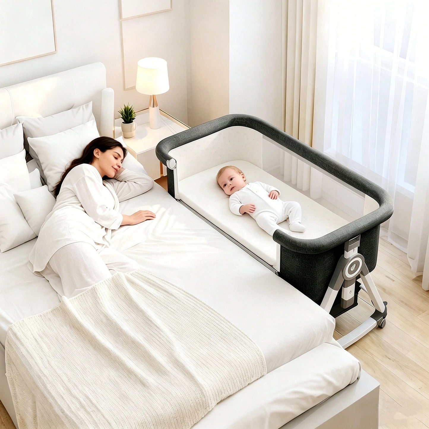 5 In 1 Baby Bassinet Bedside Sleeper, Convertible Baby Crib With Rocking Mode, Wheels And Adjustable Height, Foldable Bassinet With Storage Basket