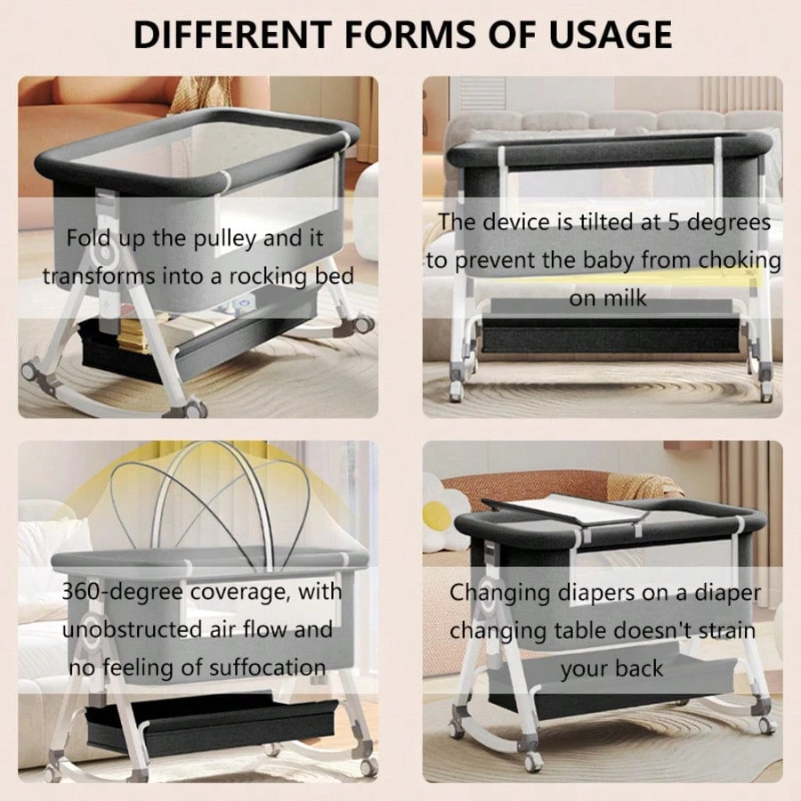 5 In 1 Baby Bassinet Bedside Sleeper, Convertible Baby Crib With Rocking Mode, Wheels And Adjustable Height, Foldable Bassinet With Storage Basket