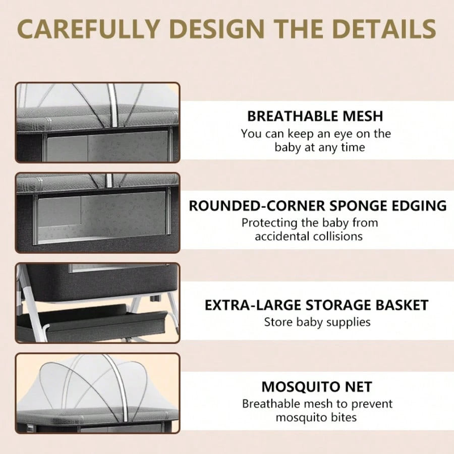 5 In 1 Baby Bassinet Bedside Sleeper, Convertible Baby Crib With Rocking Mode, Wheels And Adjustable Height, Foldable Bassinet With Storage Basket
