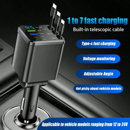 5-In-1 Retractable Car Charger, Compatible With Type-C And USB Ports, With Digital Voltage Display, Can Charge 5 Devices Simultaneously, Suitable For Most Vehicles