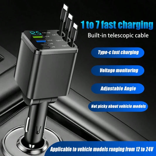 5-In-1 Retractable Car Charger, Compatible With Type-C And USB Ports, With Digital Voltage Display, Can Charge 5 Devices Simultaneously, Suitable For Most Vehicles