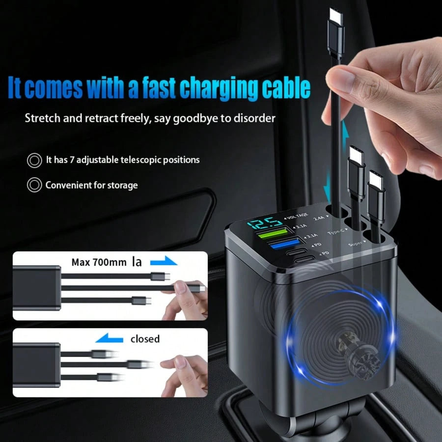 5-In-1 Retractable Car Charger, Compatible With Type-C And USB Ports, With Digital Voltage Display, Can Charge 5 Devices Simultaneously, Suitable For Most Vehicles
