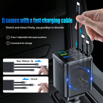 5-In-1 Retractable Car Charger, Compatible With Type-C And USB Ports, With Digital Voltage Display, Can Charge 5 Devices Simultaneously, Suitable For Most Vehicles