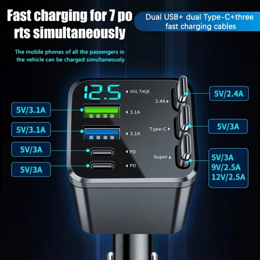 5-In-1 Retractable Car Charger, Compatible With Type-C And USB Ports, With Digital Voltage Display, Can Charge 5 Devices Simultaneously, Suitable For Most Vehicles