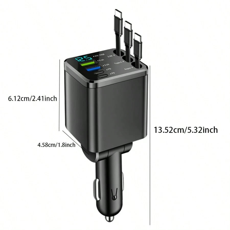 5-In-1 Retractable Car Charger, Compatible With Type-C And USB Ports, With Digital Voltage Display, Can Charge 5 Devices Simultaneously, Suitable For Most Vehicles