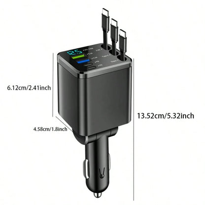 5-In-1 Retractable Car Charger, Compatible With Type-C And USB Ports, With Digital Voltage Display, Can Charge 5 Devices Simultaneously, Suitable For Most Vehicles