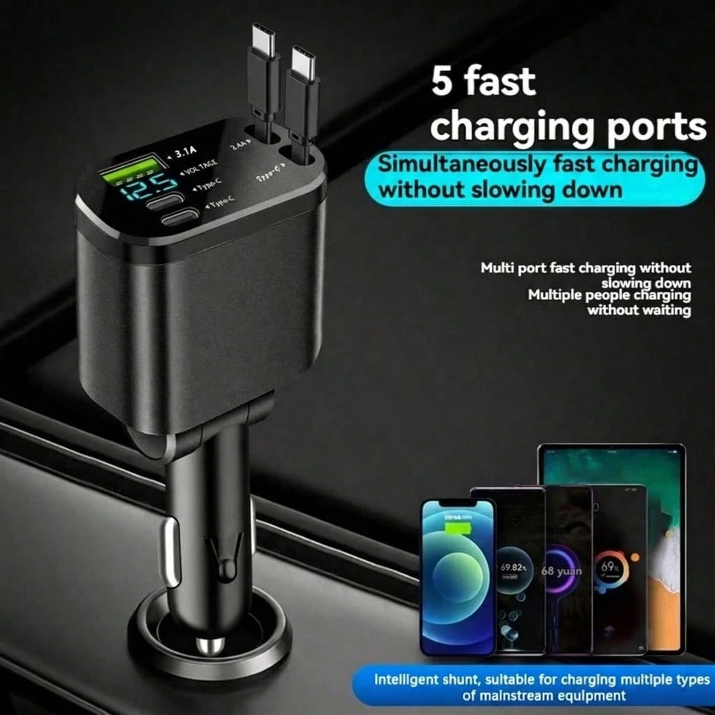 5-In-1 Retractable Car Charger, Compatible With Type-C And USB Ports, With Digital Voltage Display, Can Charge 5 Devices Simultaneously, Suitable For Most Vehicles