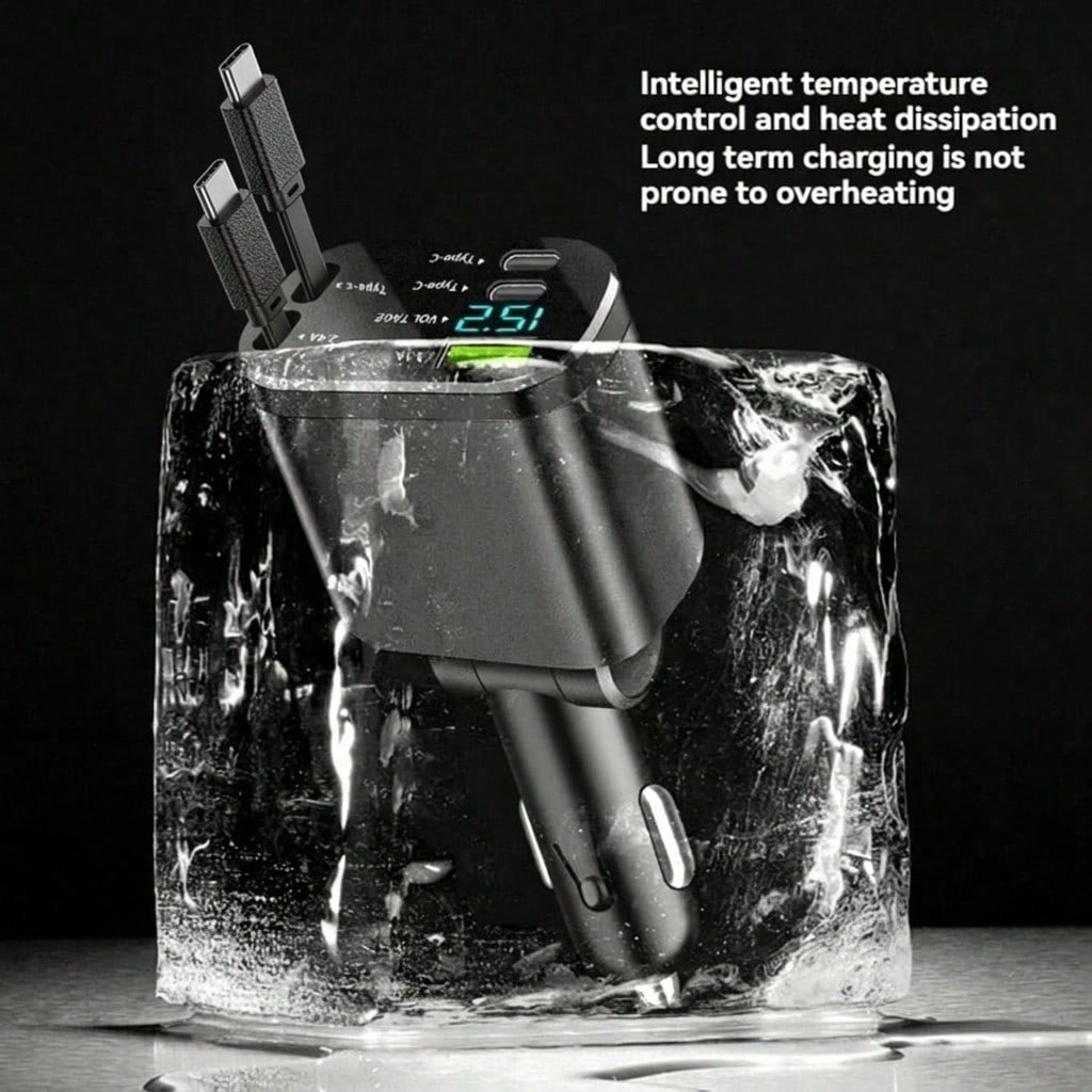 5-In-1 Retractable Car Charger, Compatible With Type-C And USB Ports, With Digital Voltage Display, Can Charge 5 Devices Simultaneously, Suitable For Most Vehicles