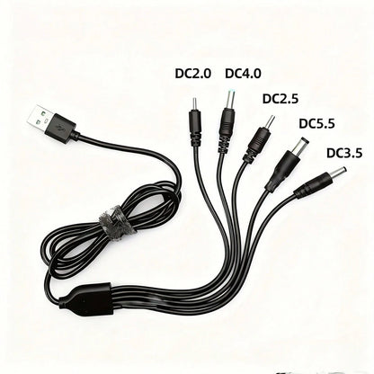 5-In-1 Round Tip USB To DC Charging Cable, 5V Universal For DC2.0/DC2.5/DC3.5/DC4.0/DC5.5 Round Tip Devices Power Adapter